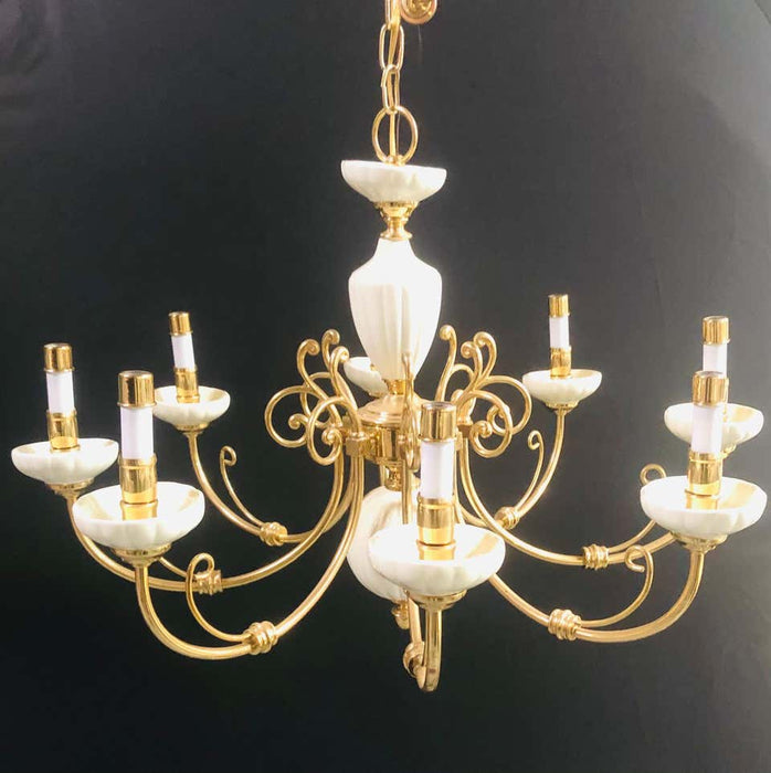 Georgian Style Brass and White Ceramic Eight-Arms Chandelier