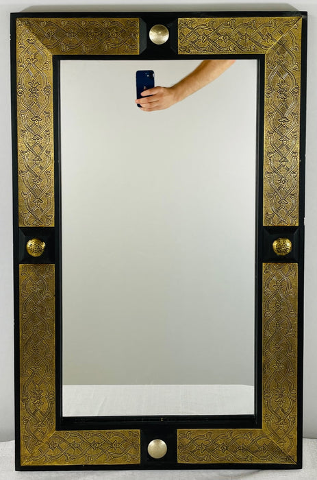 Hollywood Regency Style Moroccan Mirror in Brass and Wood Frame