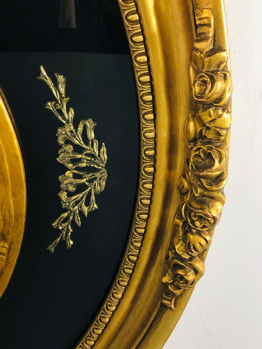 Antique Oval Black and Gold Winged Cherubs Wall Art Plaque