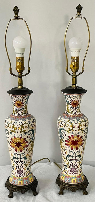 Vintage Hand Painted Porcelain Table Lamp, a Pair