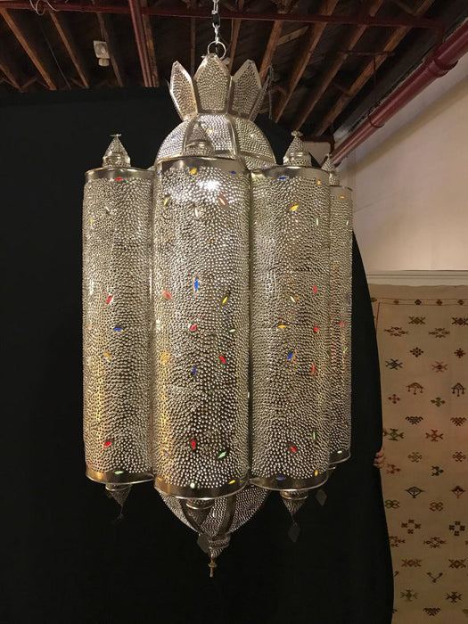 Silver Metal Handmade Jeweled Art Deco Lantern Form Light Fixture