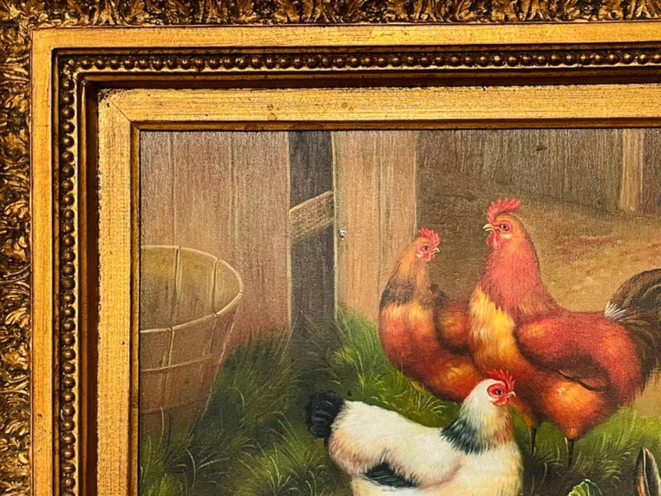 Vintage Oil Painting of Roosters and Bunny in the Manner of Claude Guilleminet