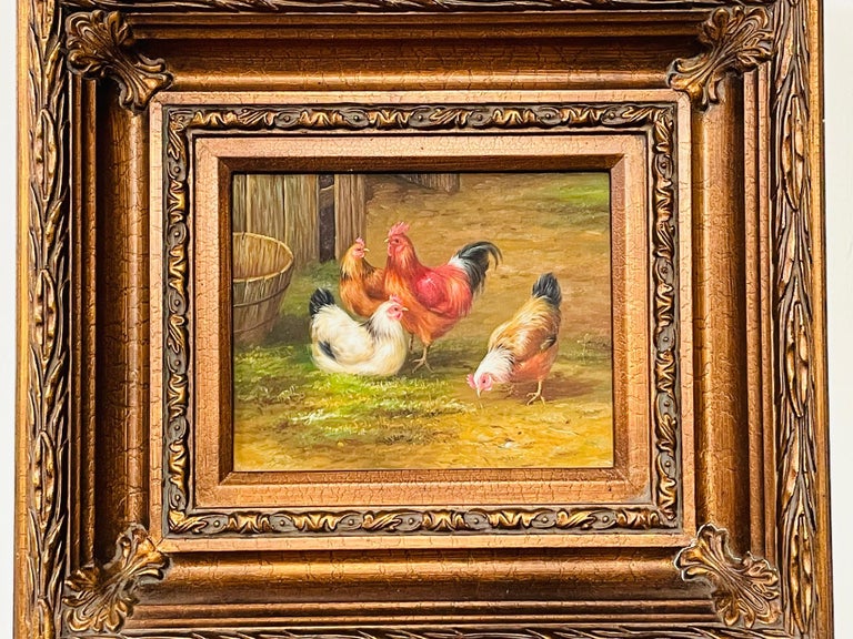 Vintage Oil Painting of Hens and Rooster in the Manner of Claude De Guilleminet