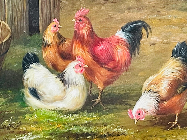 Vintage Oil Painting of Hens and Rooster in the Manner of Claude De Guilleminet