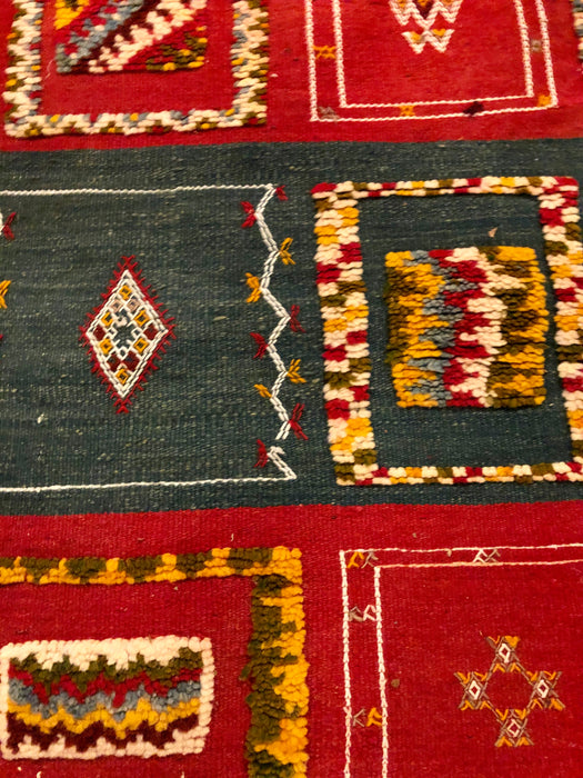 Vintage Moroccan Tribal Handmade Wool Blue and Red Small Rug or Carpet
