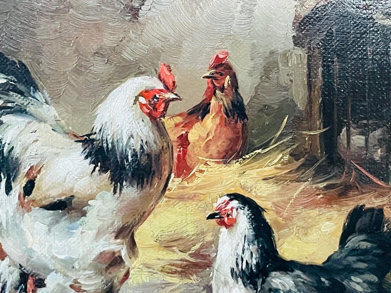 French Hens & Chicken Oil Painting in the Manner of Claude Guilleminet, Signed