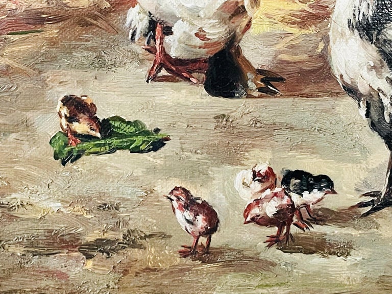 French Hens & Chicken Oil Painting in the Manner of Claude Guilleminet, Signed