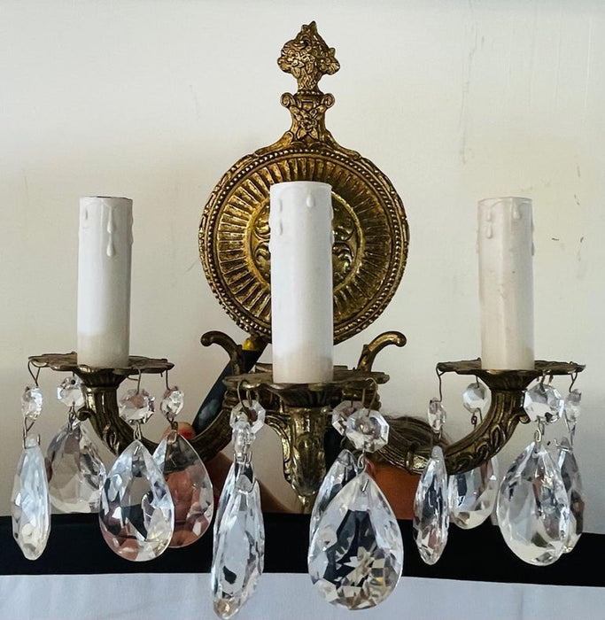 English Neoclassical Style Bronze and Crystal Wall Sconce, a Pair