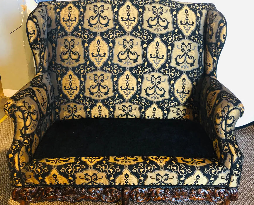 Italian Rococo Revival Style Settee or Sofa, Black and Beige Upholstery, a Pair