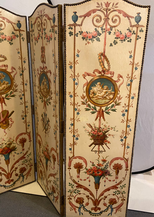 19th Century French Oil Canvas, Hand Painted Four-Panel Room Divider/Screen