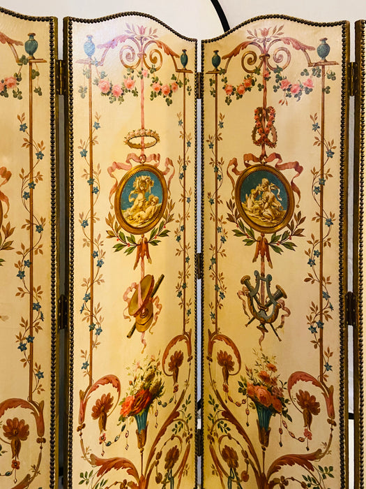 19th Century French Oil Canvas, Hand Painted Four-Panel Room Divider/Screen