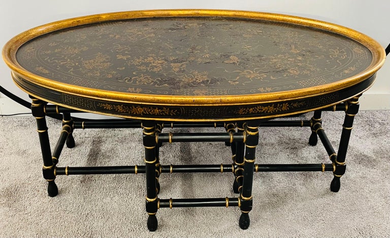 Antique English Chinoiserie Style Oval Coffee Table With Faux Bamboo Legs