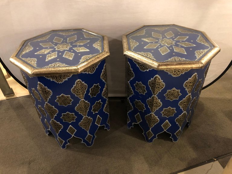 Pair of Large Moroccan Silver Metal and Brass Inlaid Side Tables in Blue Majorelle
