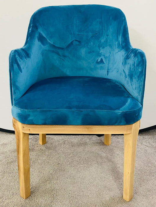 Mid-Century Modern Style Blue Velvet & Walnut Frame Barrel Chair, a Pair