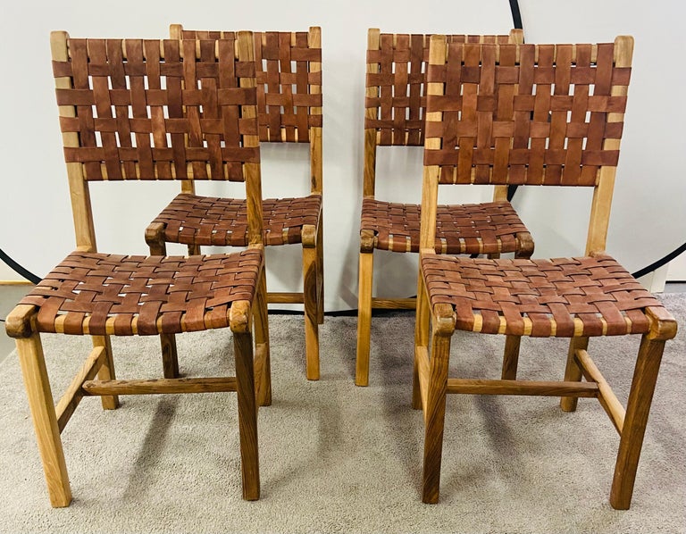 Jens Risom MCM Style Woven Leather Strap & Walnut Frame Chair, a Set of 4