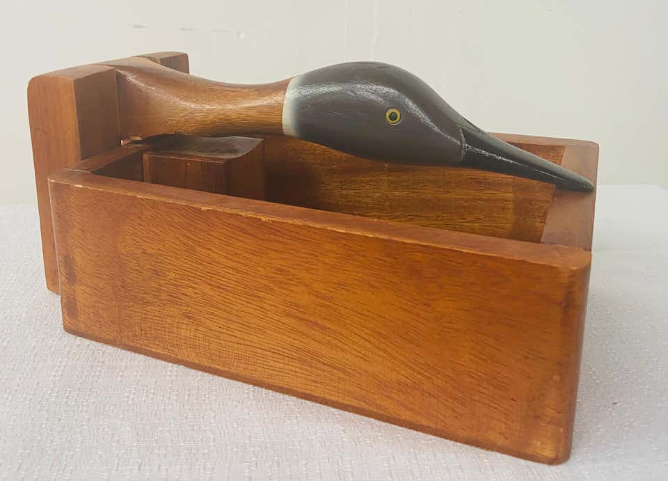 1980s Vintage Hand Carved Wooden Nut Cracker Bird Box