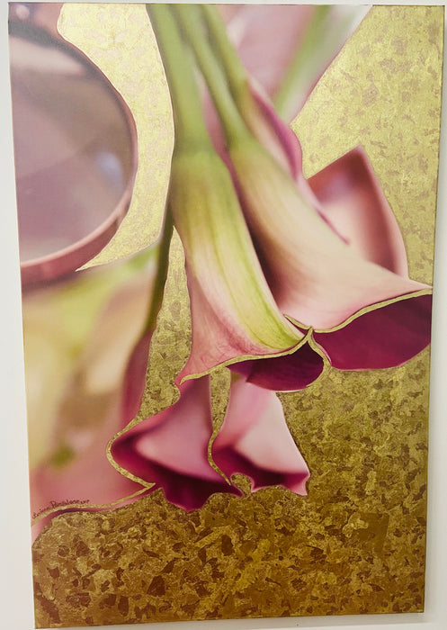 Mixed Media on Canvas with 23K Gold Leaf Titled "Pink Calla" Signed & Dated