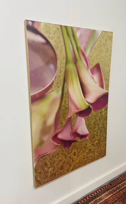 Mixed Media on Canvas with 23K Gold Leaf Titled "Pink Calla" Signed & Dated