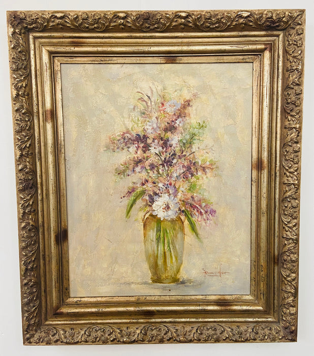 Oil on Canvas Still Life Painting of Flowers and Lavender Framed and Signed