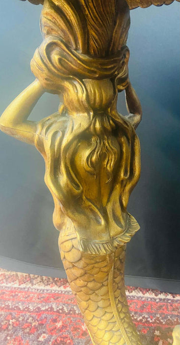 Monumental Brass Myth Mermaid Sculptural & Marble Top Side or End Table, a Pair