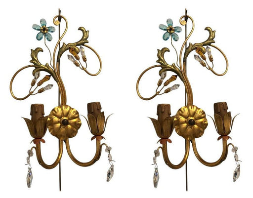 Pair of Neoclassical Handcrafted Italian Gilt Metal and Crystal Sconces by Alba