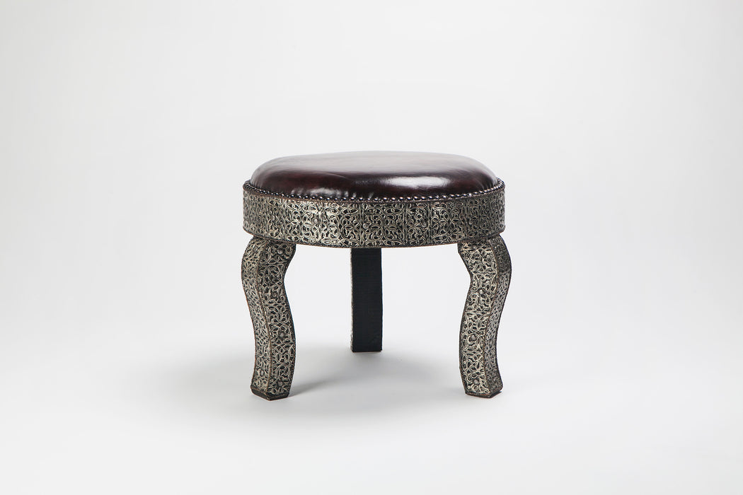 Boho Chic Leather Top and Filigree Design Tabouret or Ottoman