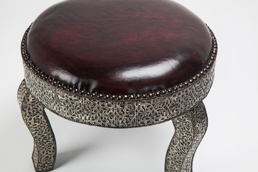 Boho Chic Leather Top and Filigree Design Tabouret or Ottoman