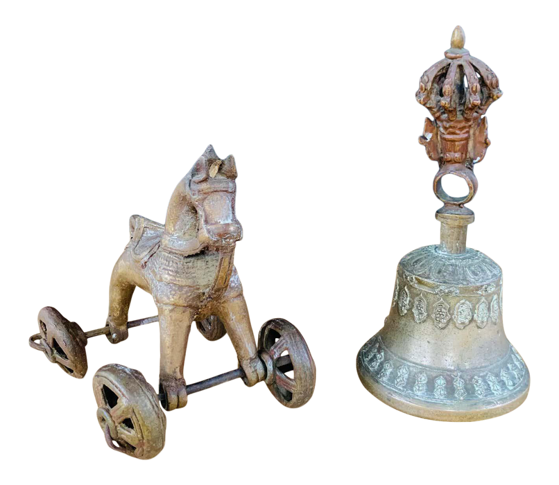 Antique Asian Cast Bronze Horse on Wheels and Tibetan Bell