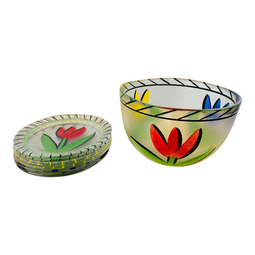 Boho Chic Hand Painted Tulip Design Bowl and Matching Plates, a Set 7