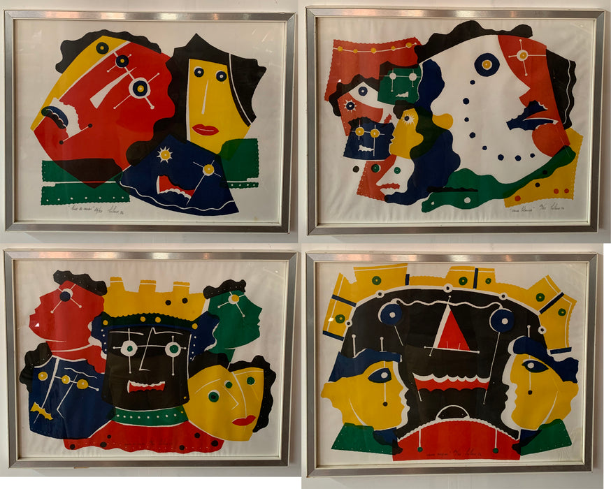 Cubist Modern Watercolor Framed Prints signed Hiburo Set of Four