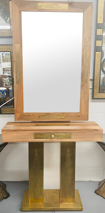 A Hollywood Regency Style Brass and Walnut Mirror and Console Table Set