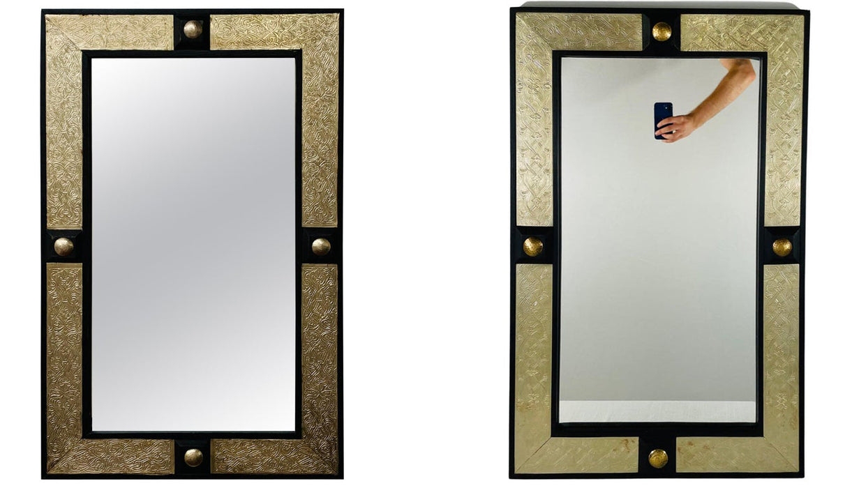 Hollywood Regency Moroccan Mirror in Brass and Wood Frame, a Compatible Pair