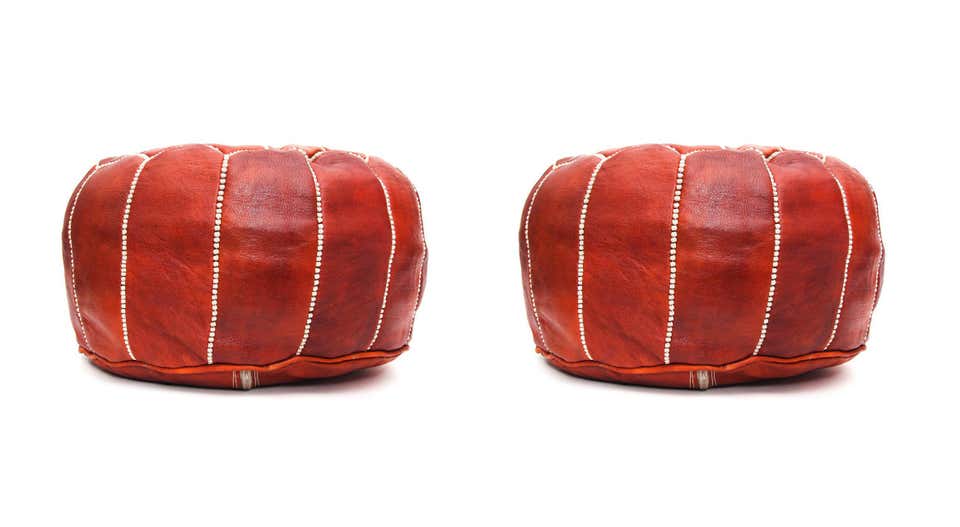 Moroccan Handmade Dark Leather Brown Pouf or Ottoman, a Pair