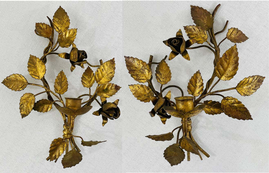 Vintage Italian leaf Design Gilt Gold Tole Metal Candle Wall Sconce, a Pair