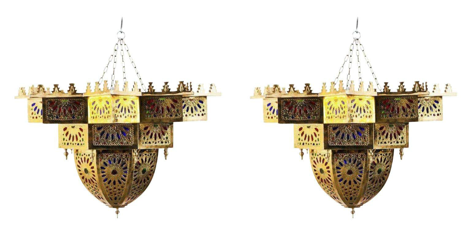Vintage Moroccan Brass and Colored Glass Chandelier, a Pair