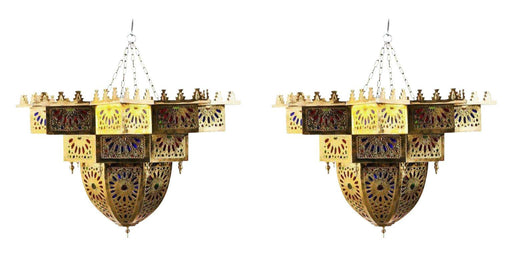 Vintage Moroccan Brass and Colored Glass Chandelier, a Pair