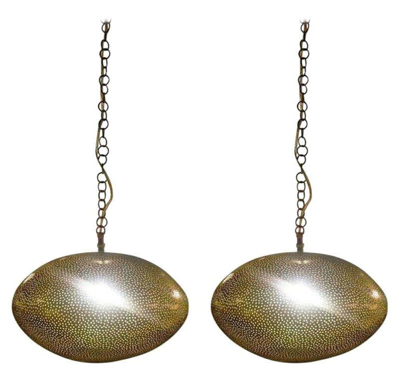 Oval Shaped Modern Gold Brass Pendant Chandeliers, Pair