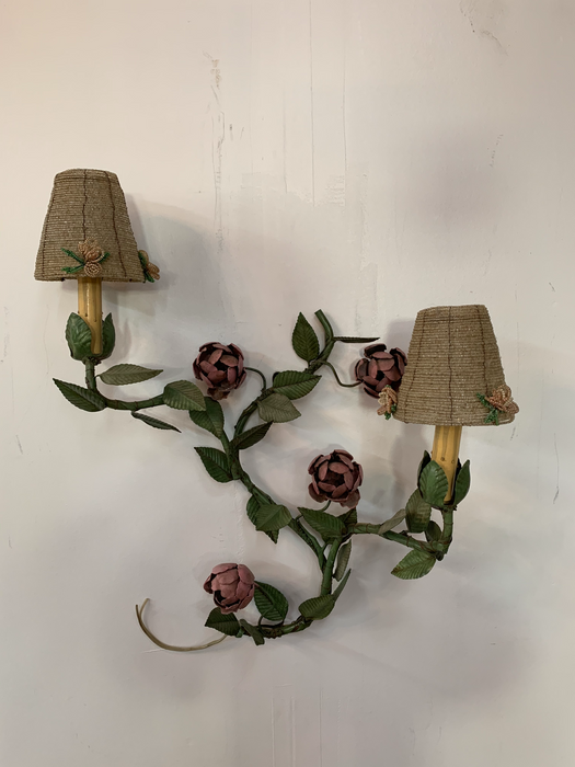 Wrought Iron Floral Wall Sconce with beaded shades, a Pair