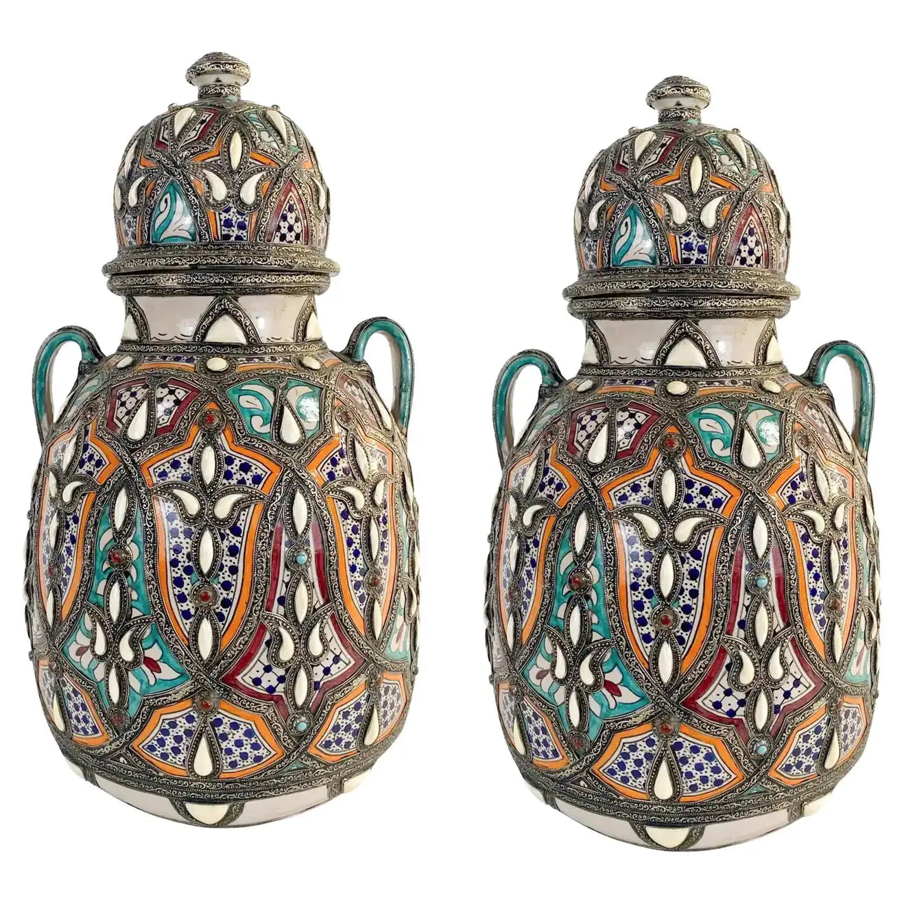 Vintage Moroccan Palatial Lidded Pottery Vase or Urn with Brass Inlay,