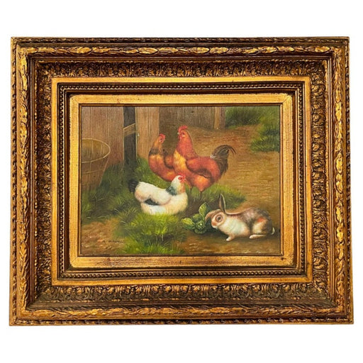 Vintage Oil Painting of Roosters and Bunny in the Manner of Claude Guilleminet