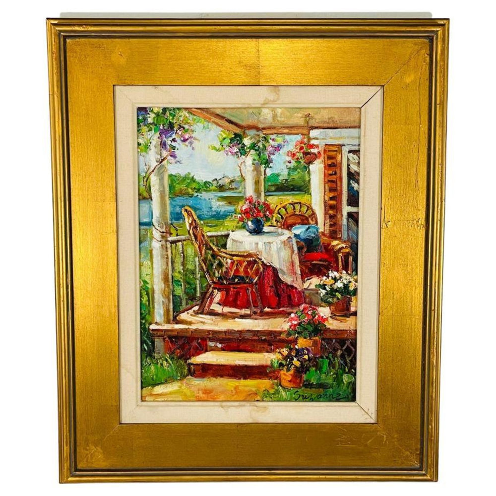 Vintage Oil on Canvas Painting of a Home Porch Signed by Artist in Gilt Frame