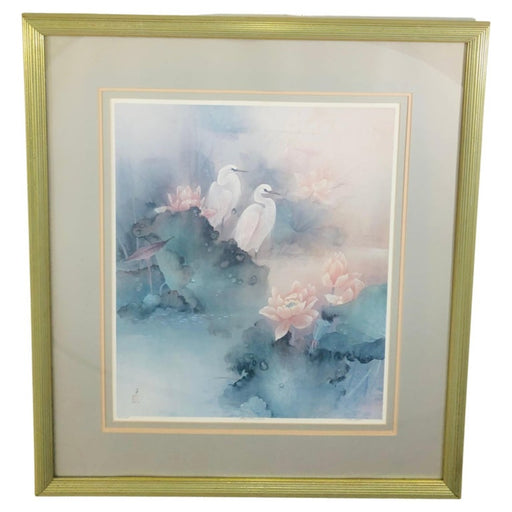 Vintage Lena Liu Signed, Numbered and Framed Herons and Flowers Print