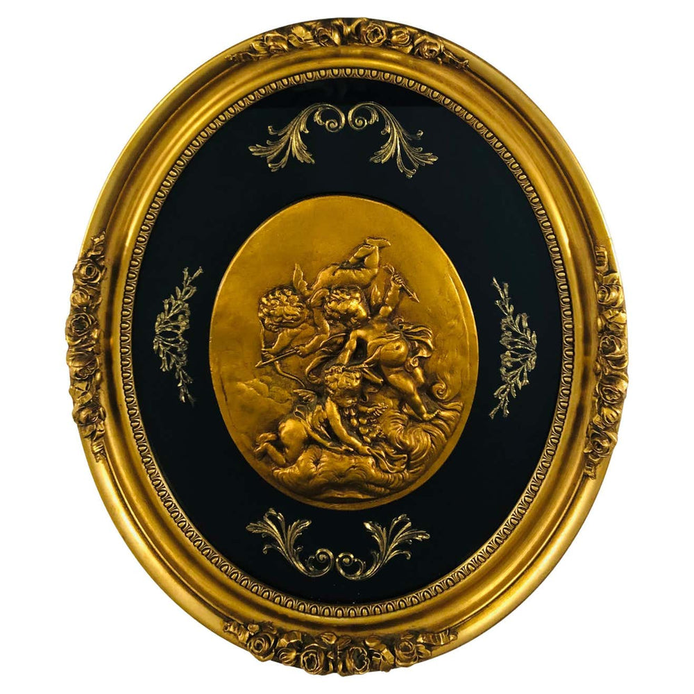 Antique Oval Black and Gold Winged Cherubs Wall Art Plaque