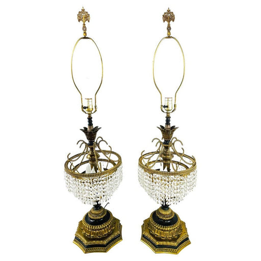 French Empire Hollywood Regency Bronze and Crystal Table Lamp, a Pair