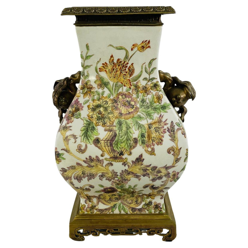 Castilian Porcelain Vase With Floral Design and Bronze Inlay
