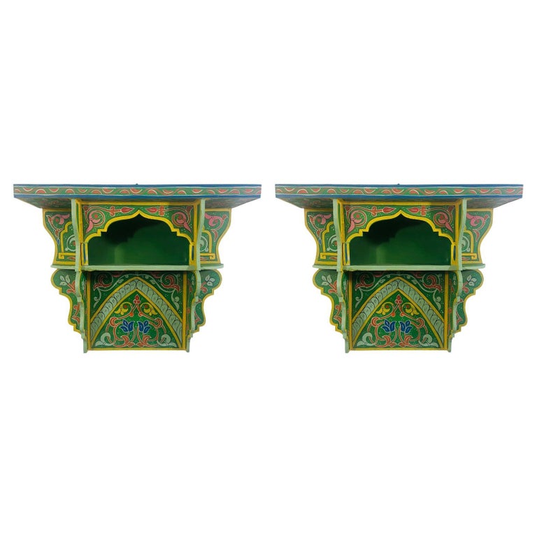 Vintage Green Moroccan Boho Chic Spice Shelf or Rack, a Pair