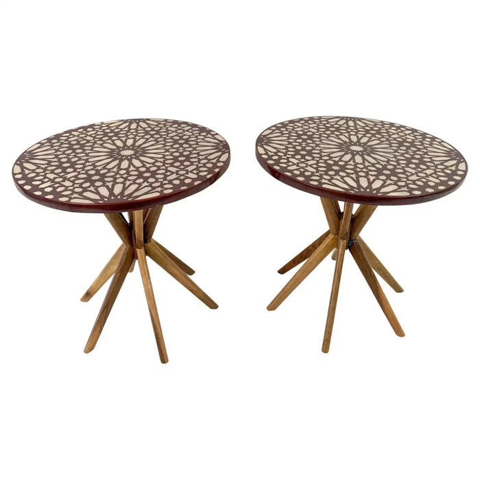 Arabesque Moorish Style Resin Art Round Top Arabesque End or Side Table, a Pair