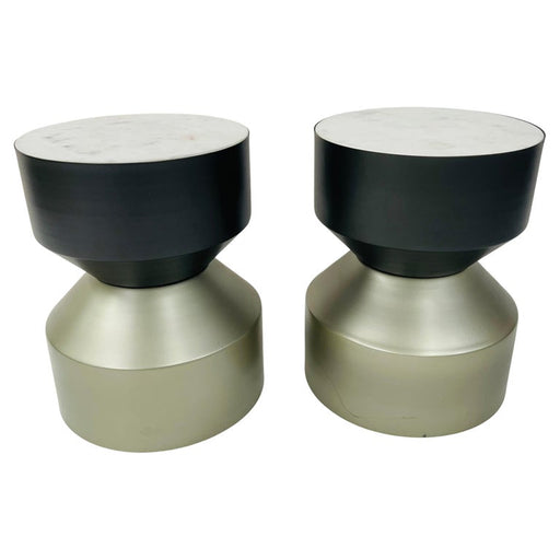 Modern Drum Side End Table or Stool in Bronze Finish with Marble Top, a Pair