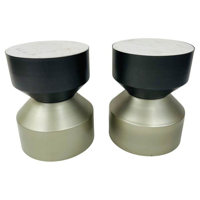 Modern Drum Side End Table or Stool in Bronze Finish with Marble Top, a Pair