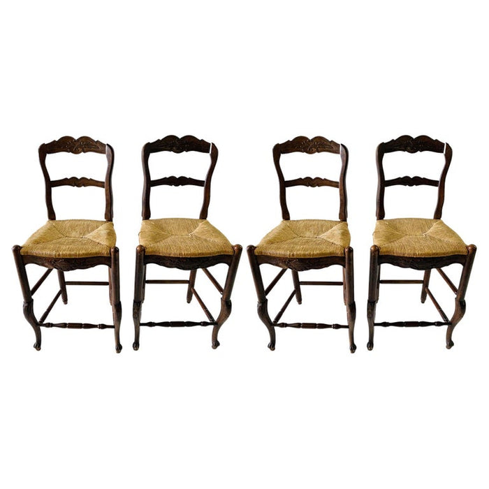 Louis XV French Country Style Walnut and woven wicker Seat Stool, Set of 4